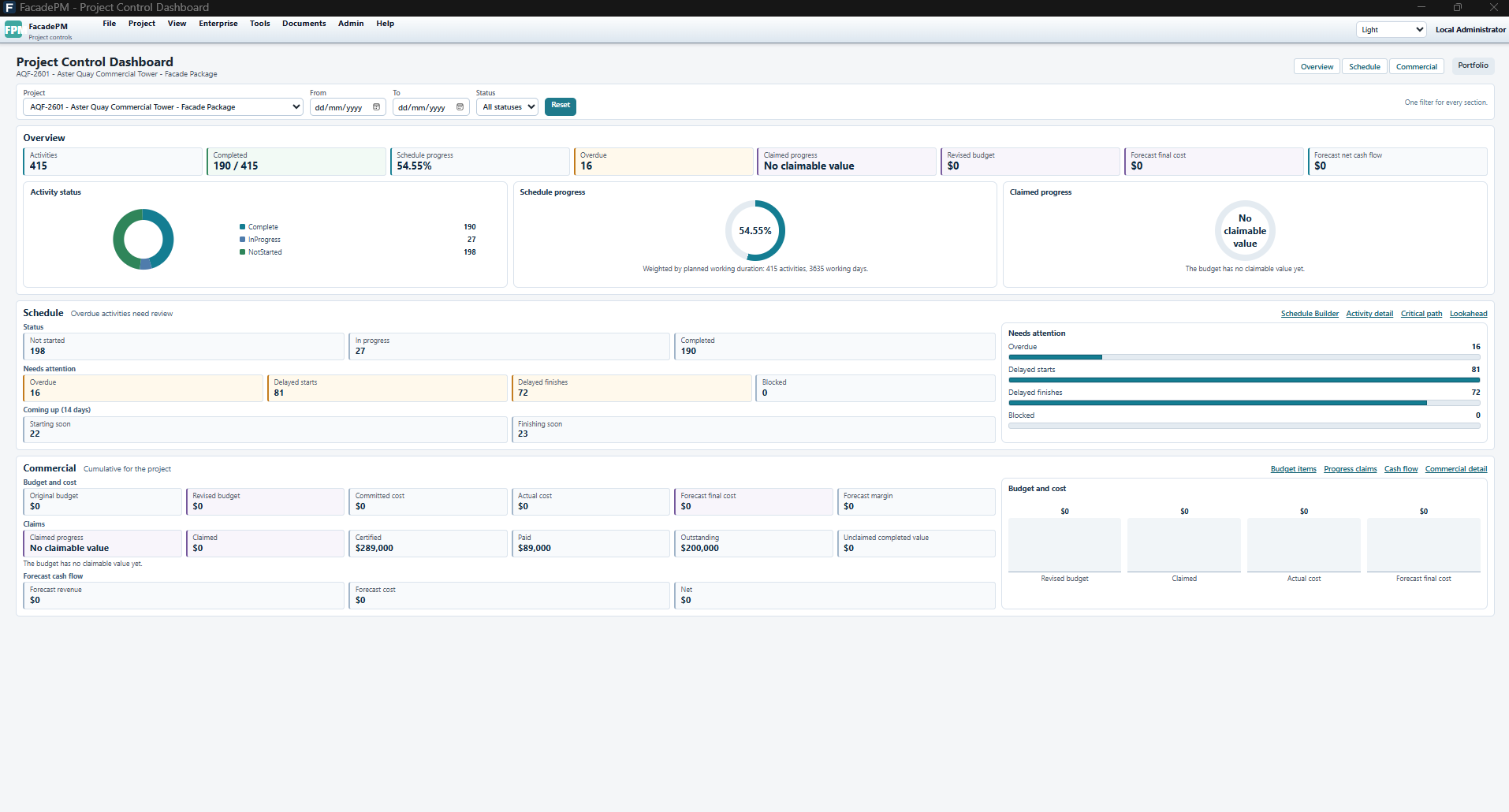 Aster Quay Dashboard showing 54.55% schedule progress, overdue activities and a commercial No claimable value state with zero revised budget.