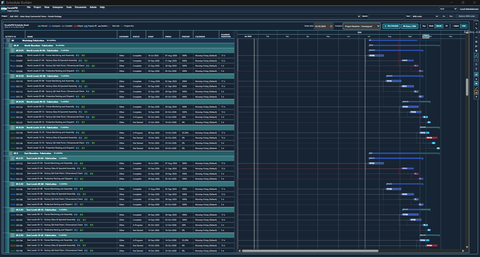Dark Schedule Builder with fictional Aster Quay fabrication activities and Gantt; baseline selector is unassigned.