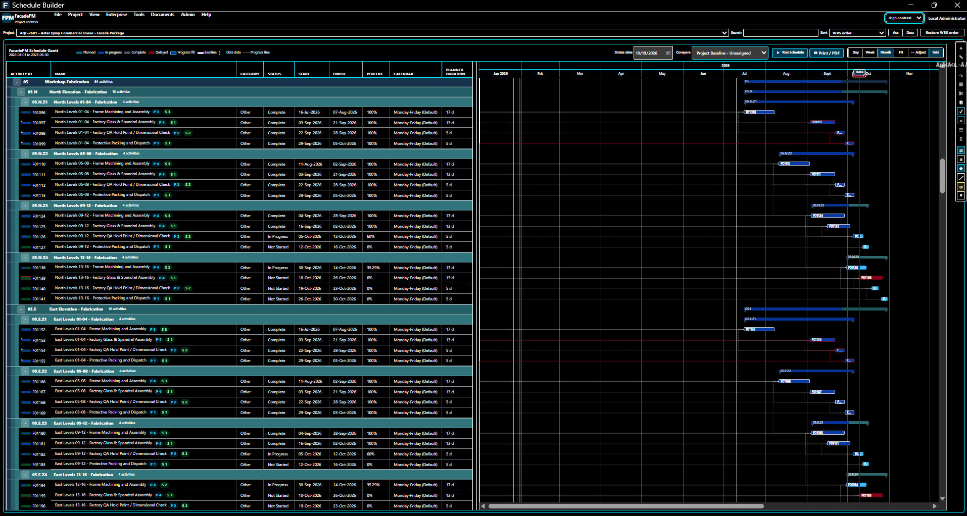 High Contrast Schedule Builder with fictional Aster Quay fabrication activities and Gantt; baseline selector is unassigned.